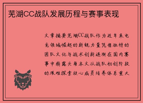 芜湖CC战队发展历程与赛事表现