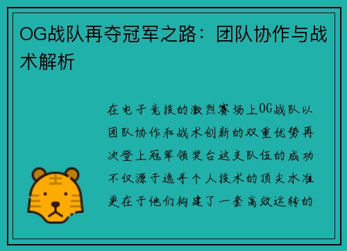 OG战队再夺冠军之路：团队协作与战术解析